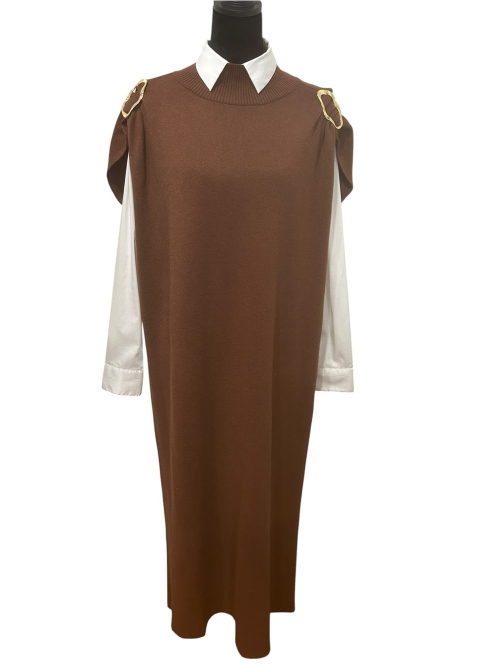 Anthropologie new Maxi knit dress large brown &gold Buckle Draped Mock Neck chic - Picture 14 of 16